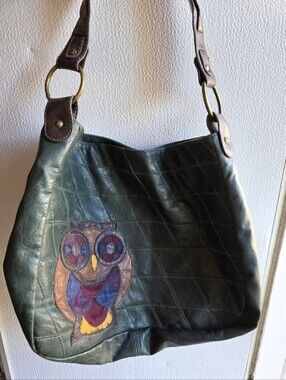 Stamp 10 Boho Y2K Green Leather Owl Appliqué Shoulder Slouchy 90s Bag Festival